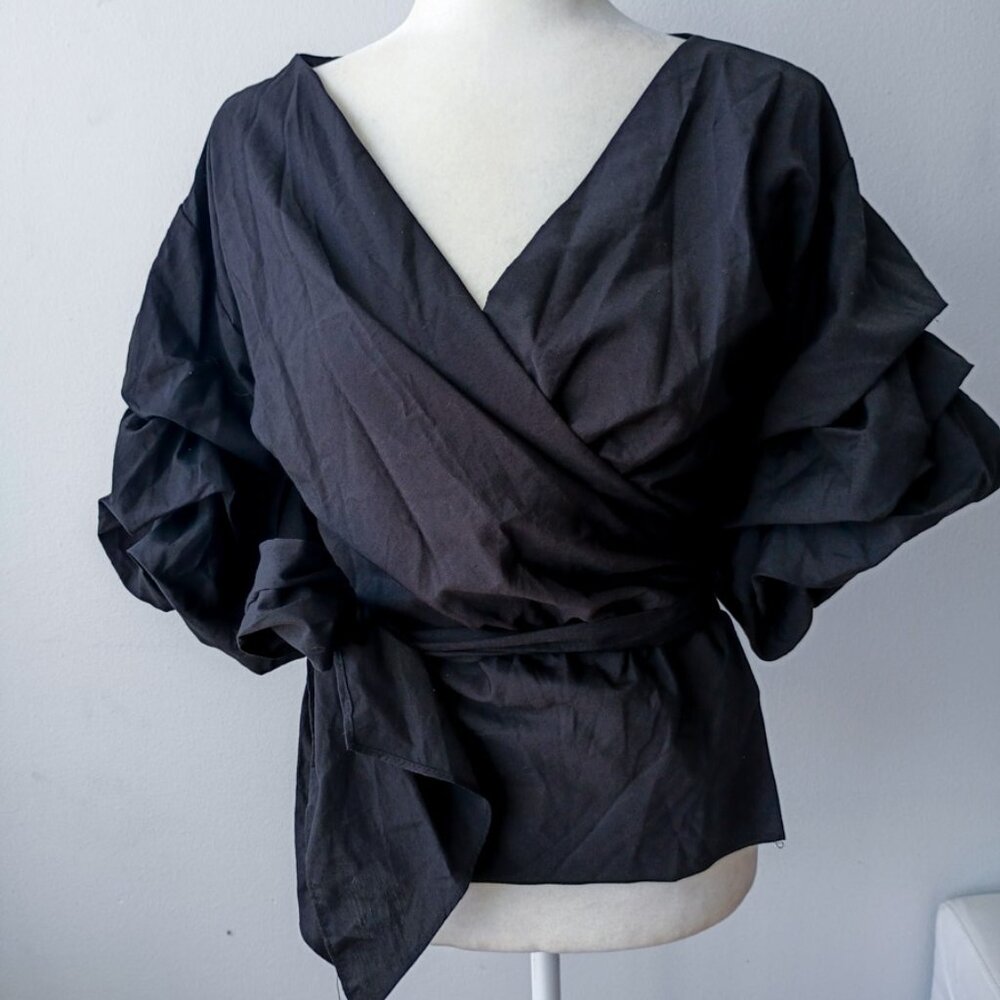 Black Wrap Top with Puff Sleeves from Step in Style – Sizes Small & XL